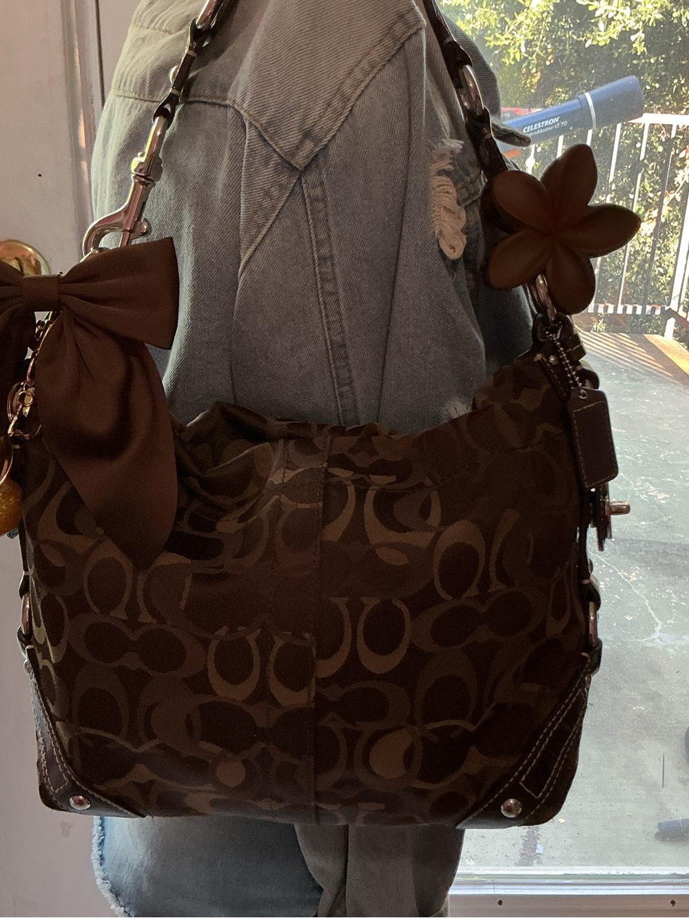 Coach Brown Signature Jacquard Shoulder Hobo with Bow Accent